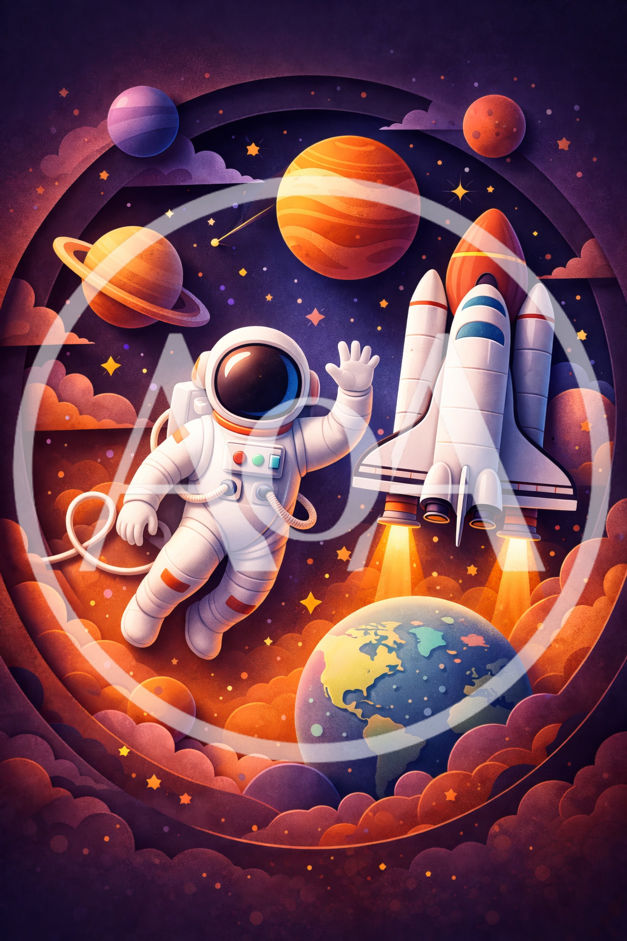 Astronaut Waving Near Space Shuttle In Orbit