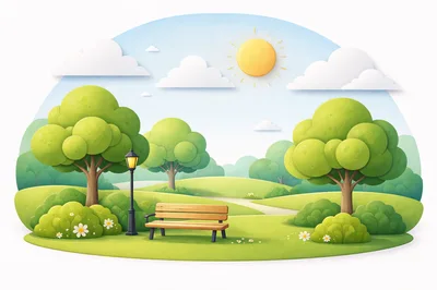 Papercraft Style Park Scene With Bench And Trees