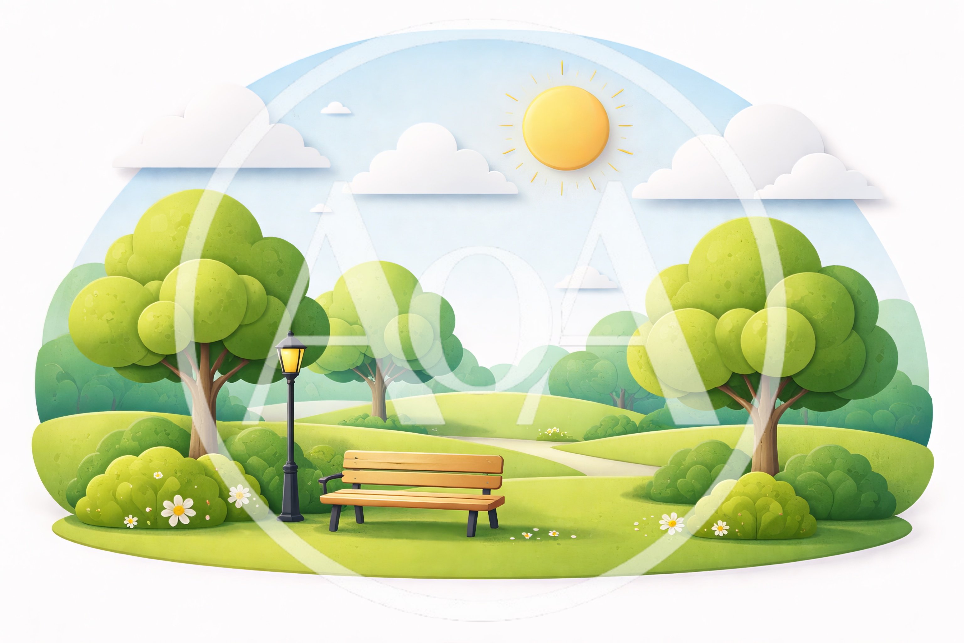 Papercraft Style Park Scene With Bench And Trees