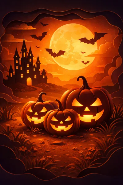 Three Glowing Jack O Lanterns Before A Haunted Castle