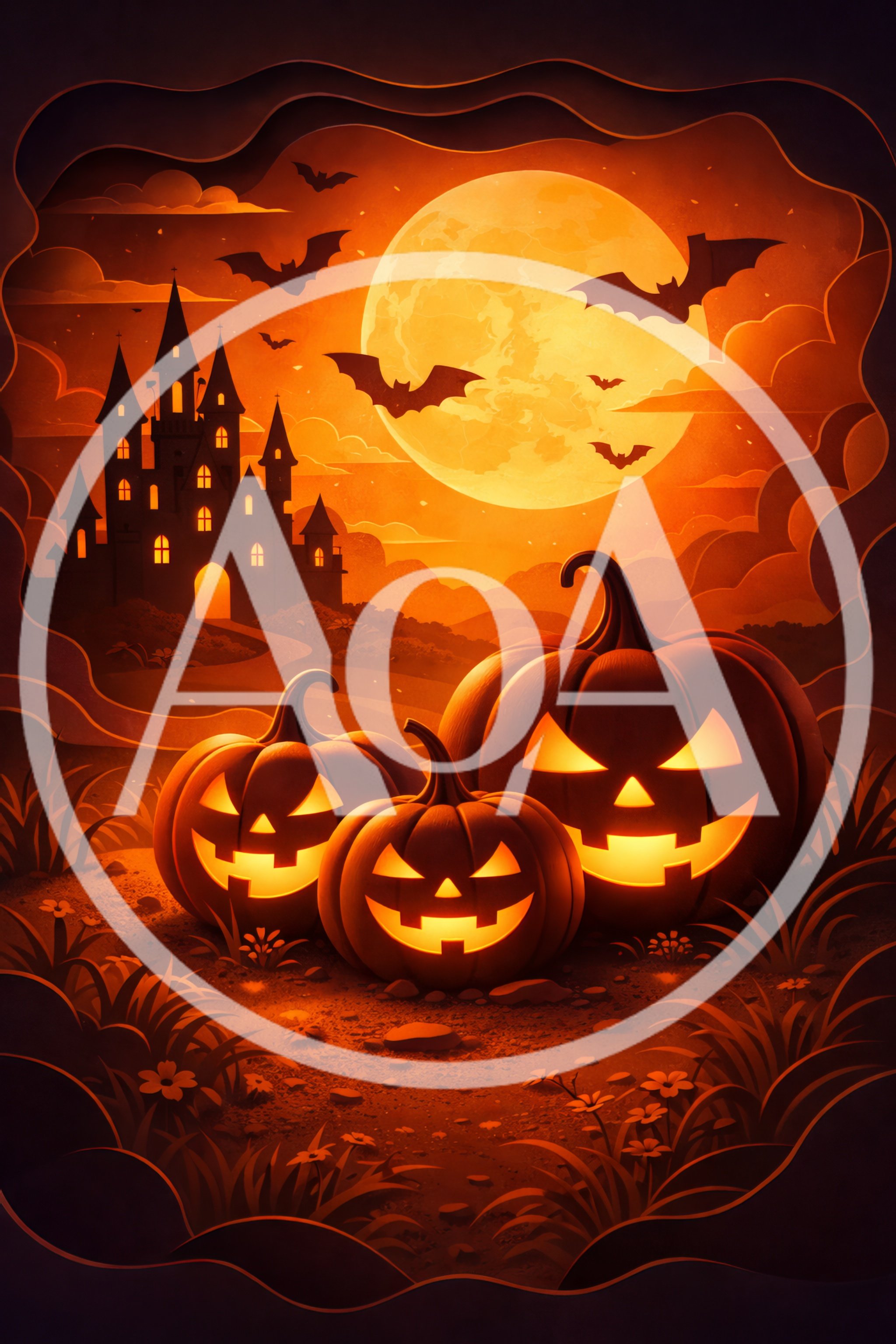 Three Glowing Jack O Lanterns Before A Haunted Castle