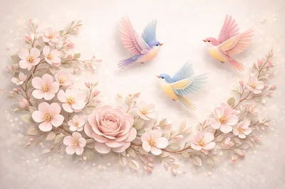 Three Pastel Birds Flying Over Floral Wreath