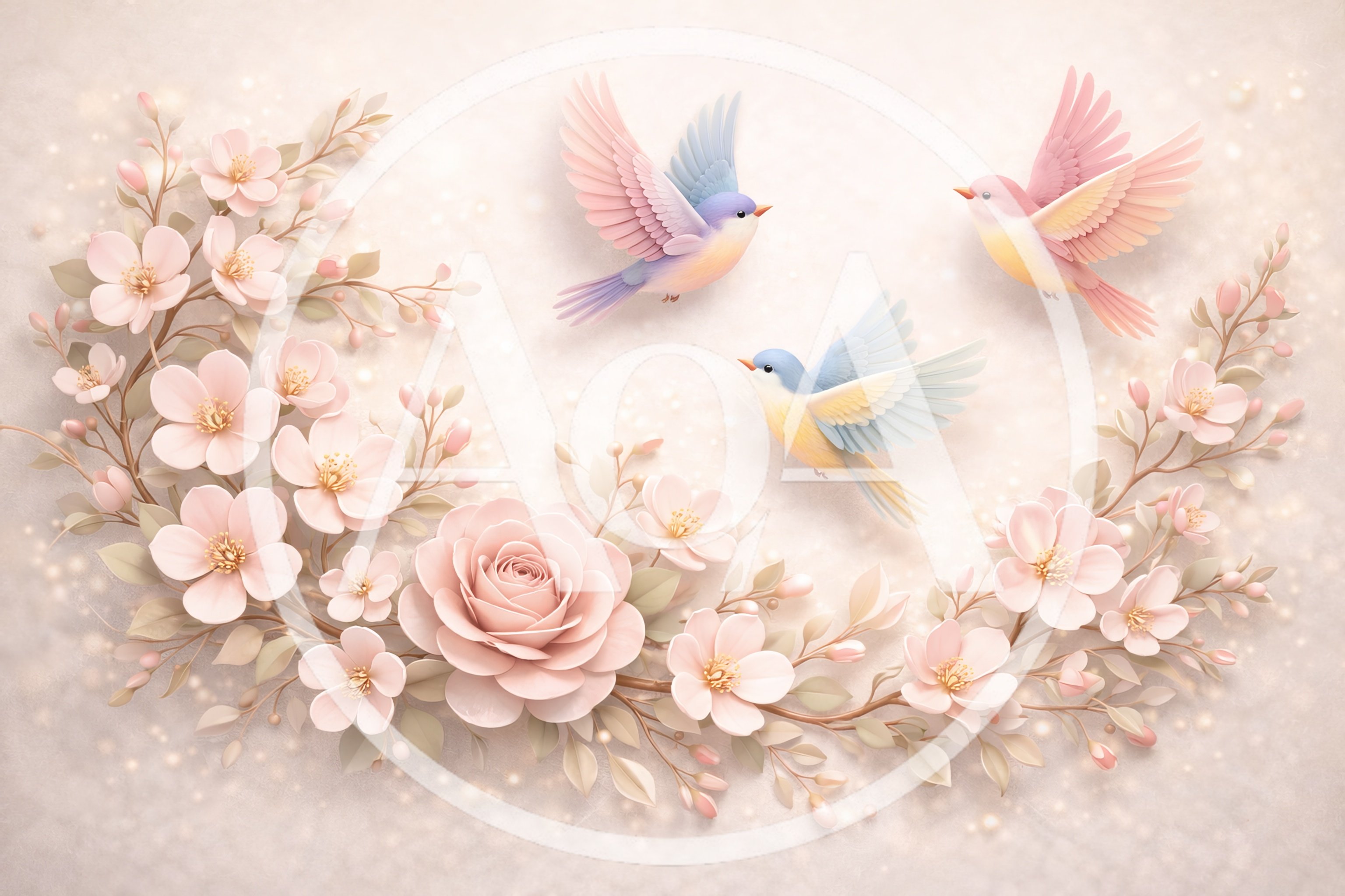 Three Pastel Birds Flying Over Floral Wreath