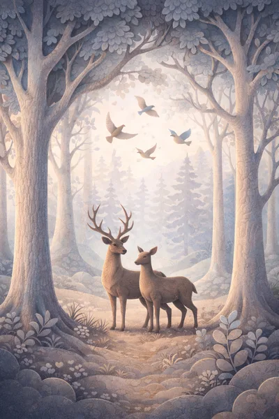 Two Deer Standing In A Whimsical Forest
