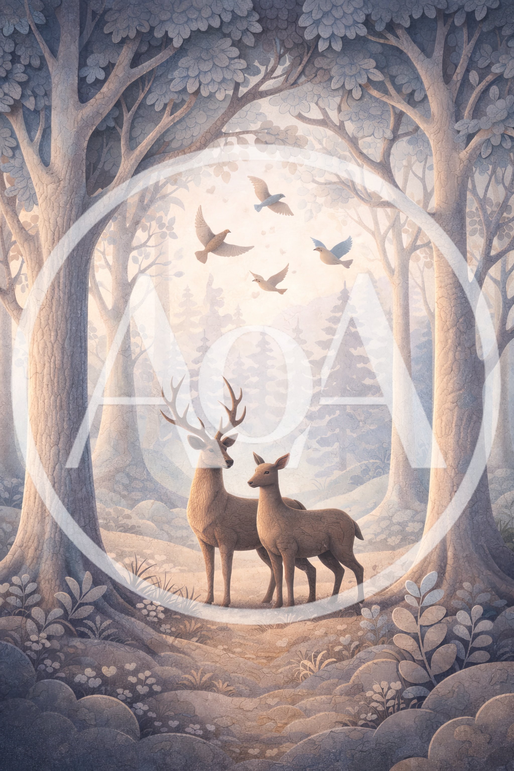 Two Deer Standing In A Whimsical Forest