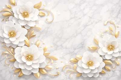 Elegant White Paper Flowers With Gold Leaves On Marble