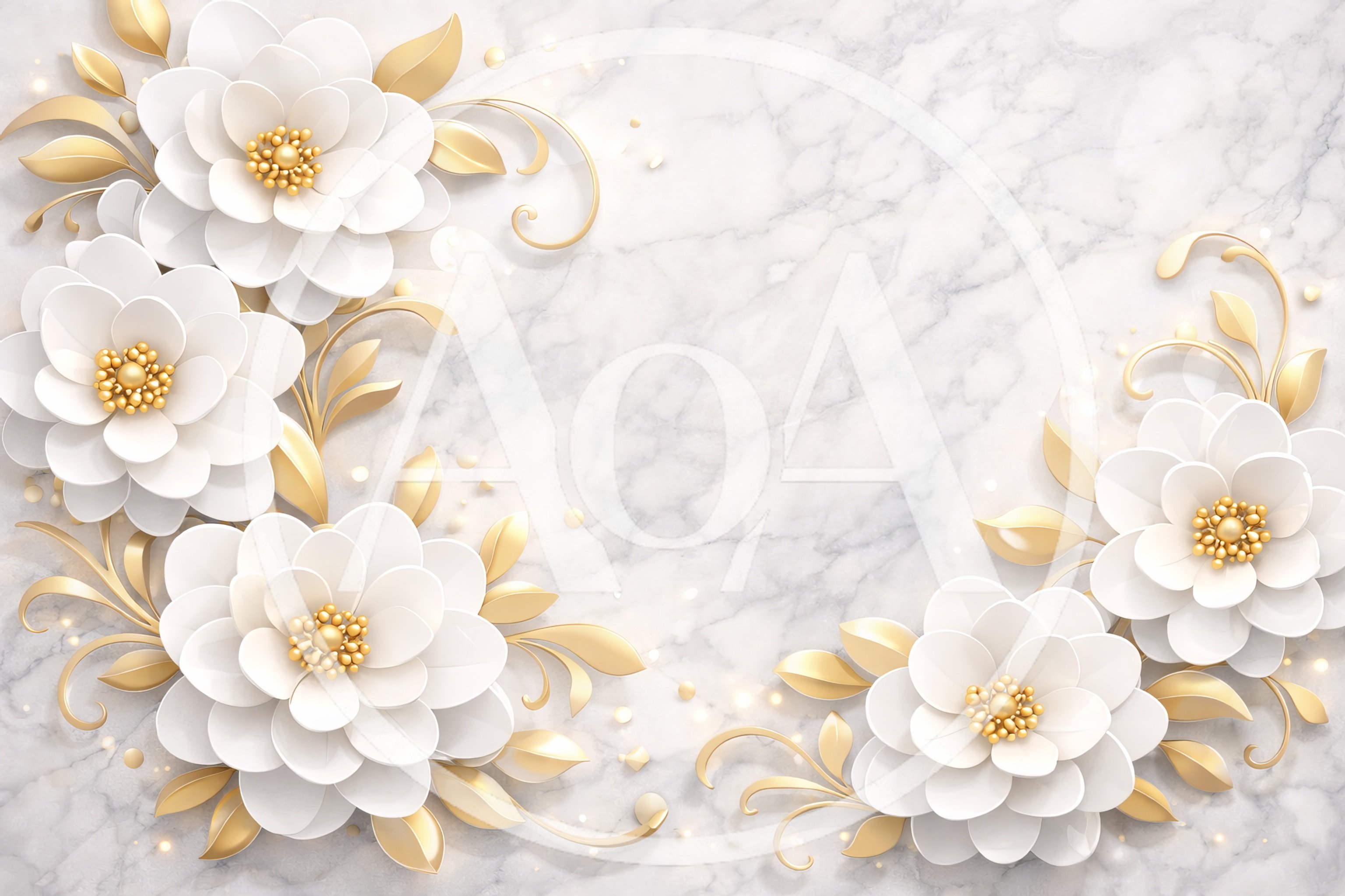 Elegant White Paper Flowers With Gold Leaves On Marble