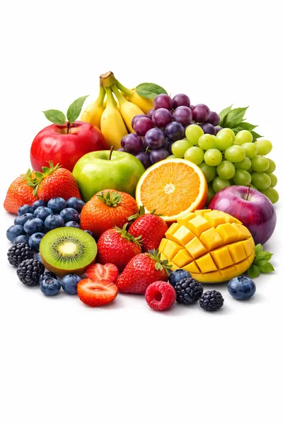 Assorted Fresh Fruits and Berries on White Background