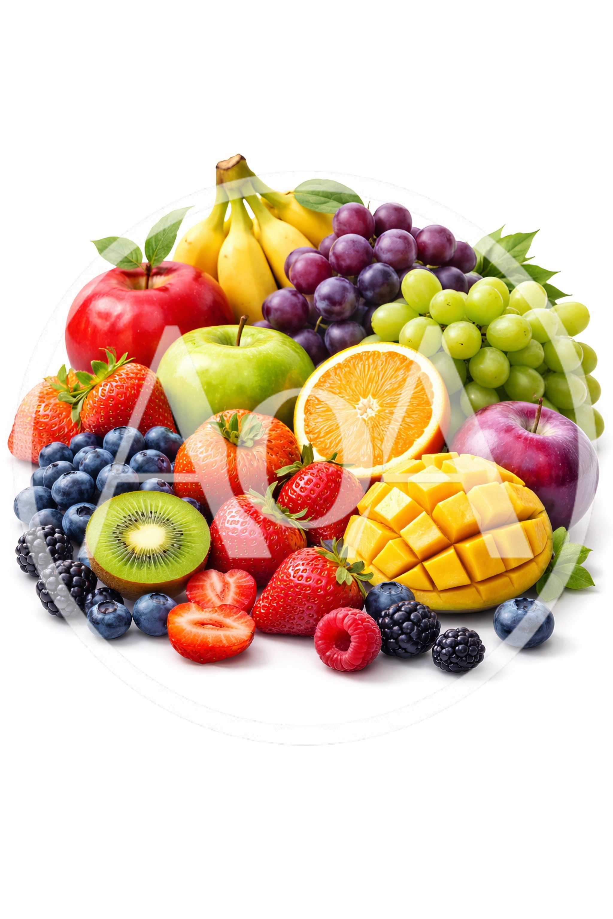 Assorted Fresh Fruits and Berries on White Background