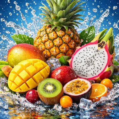 Tropical Fruit Assortment Splashing In Water