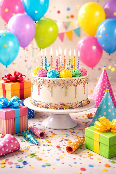 Birthday Cake With Candles And Party Decorations