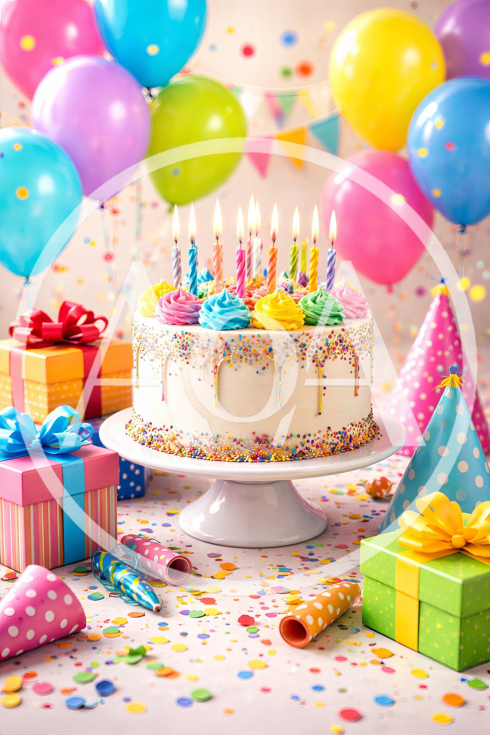 Birthday Cake With Candles And Party Decorations