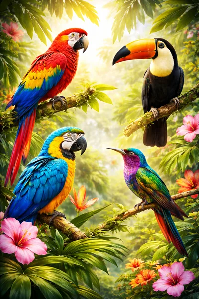 Four Tropical Birds Perched In A Lush Jungle