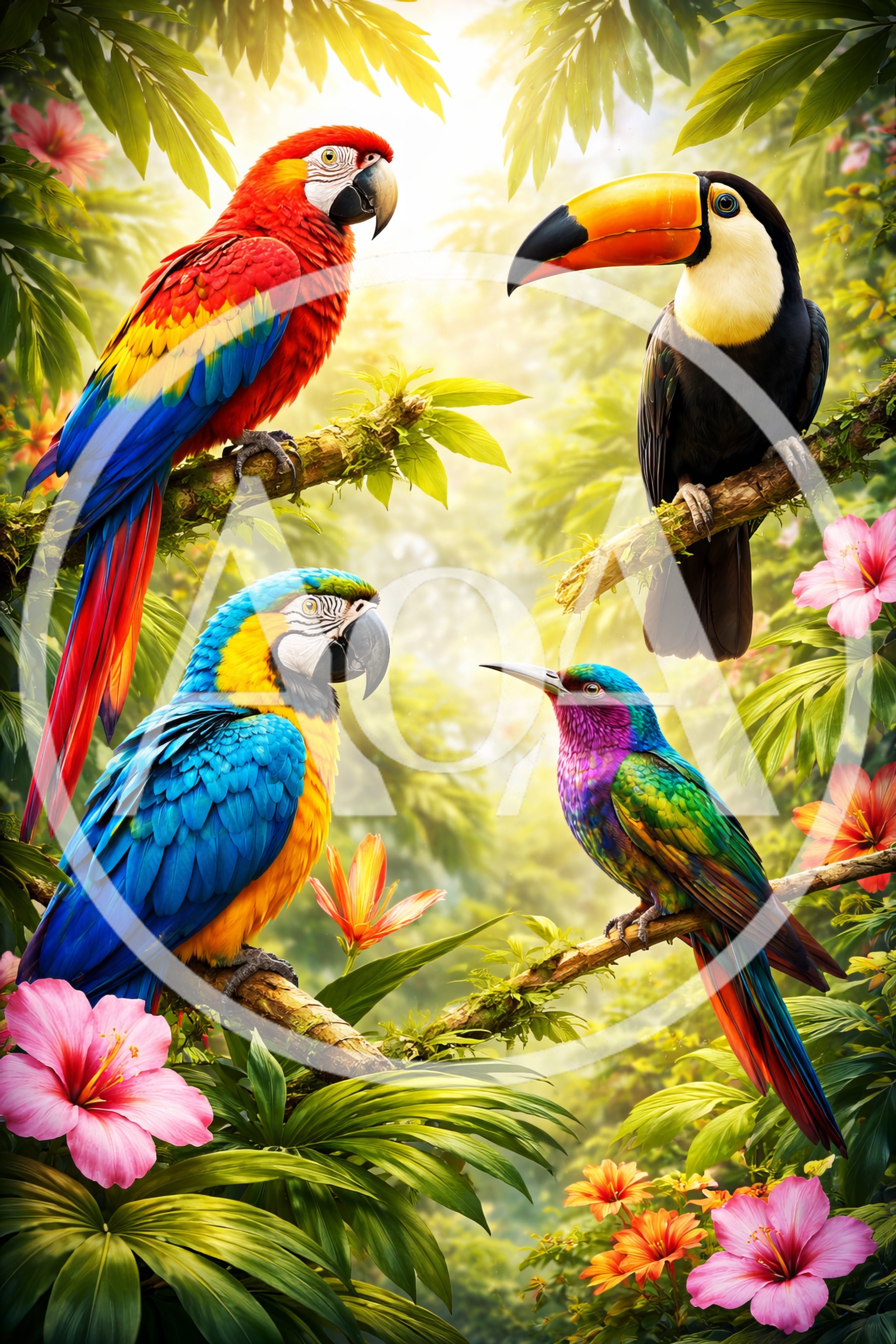 Four Tropical Birds Perched In A Lush Jungle