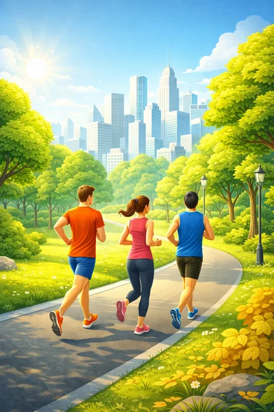 Three People Jogging Together In A Sunny City Park