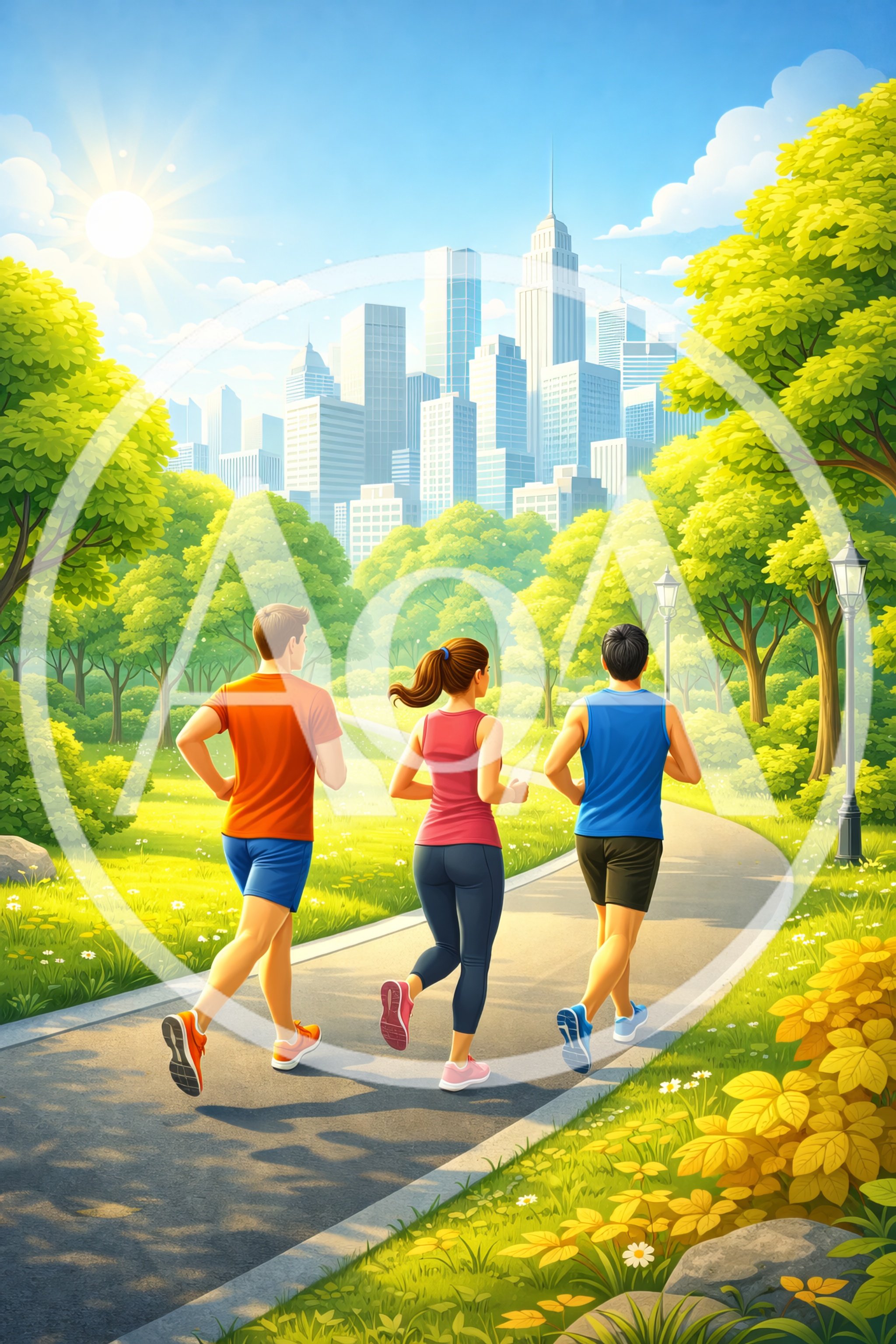 Three People Jogging Together In A Sunny City Park