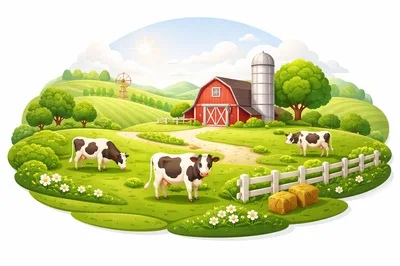 Cows Grazing In A Sunny Farm Pasture