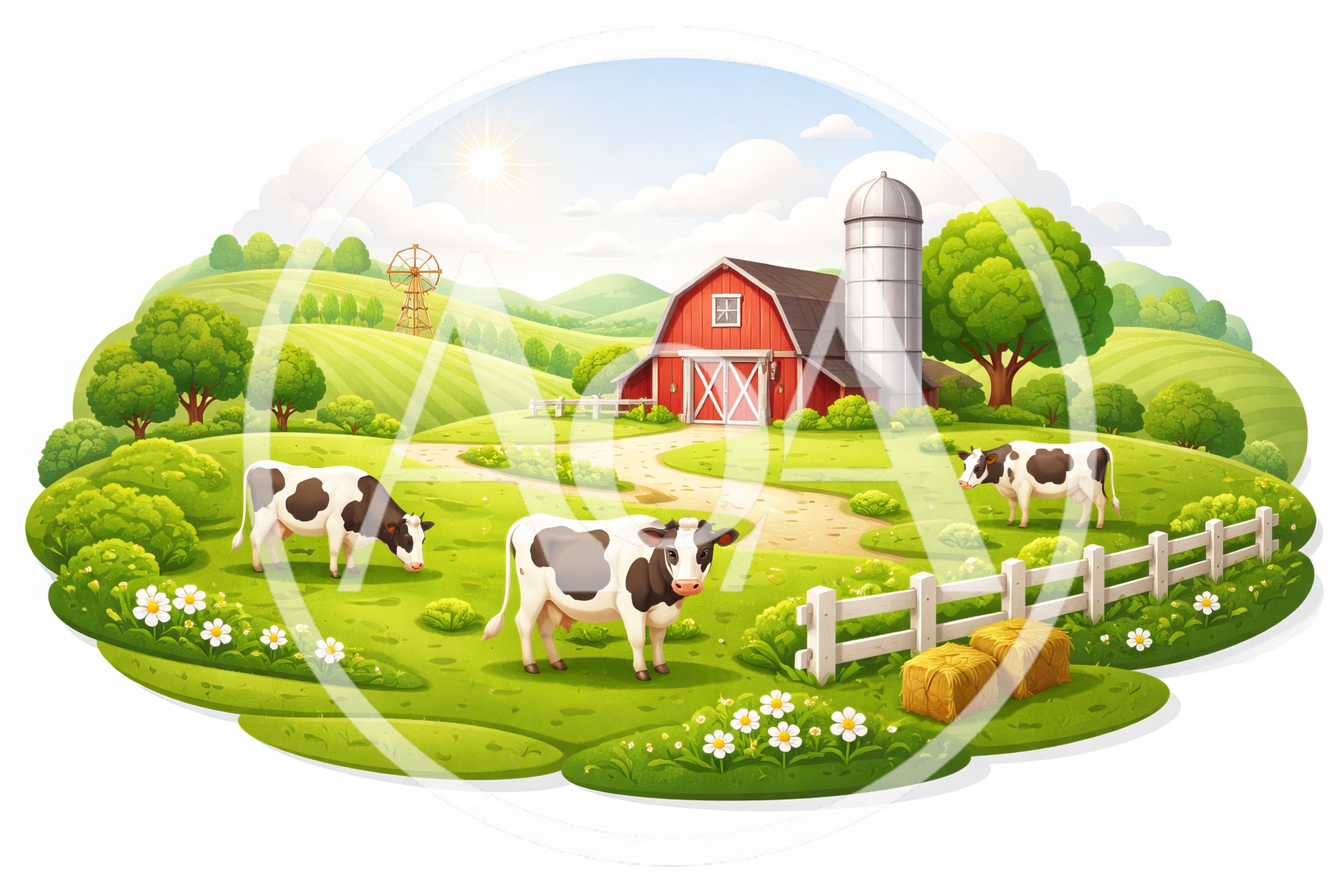 Cows Grazing In A Sunny Farm Pasture