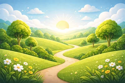 Winding Dirt Path Through Sunny Rolling Green Hills