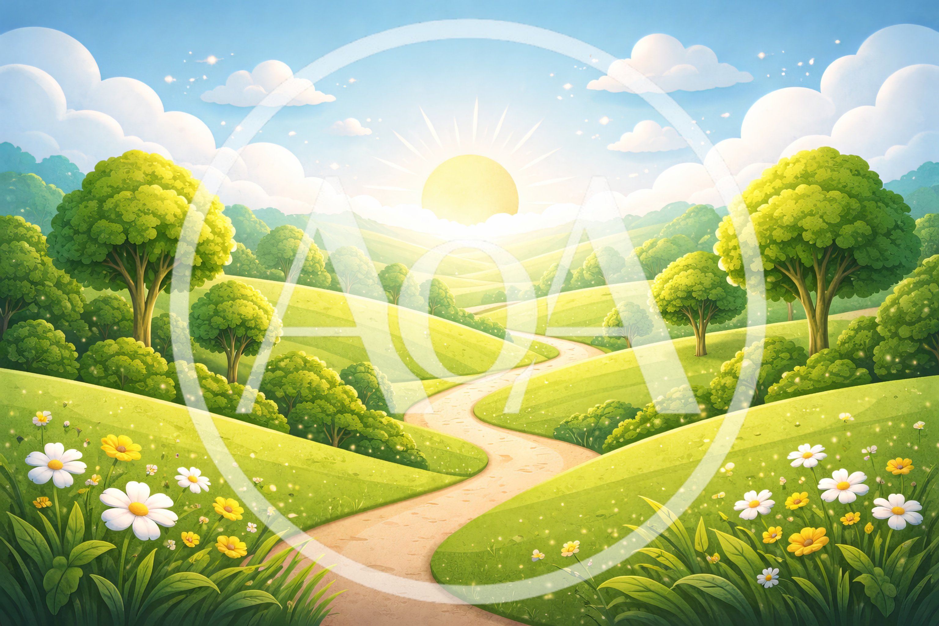 Winding Dirt Path Through Sunny Rolling Green Hills