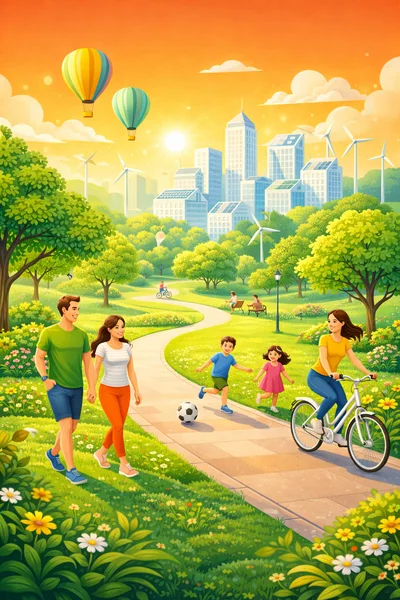 Happy Family Enjoying A Sunny Day In A Sustainable City Park