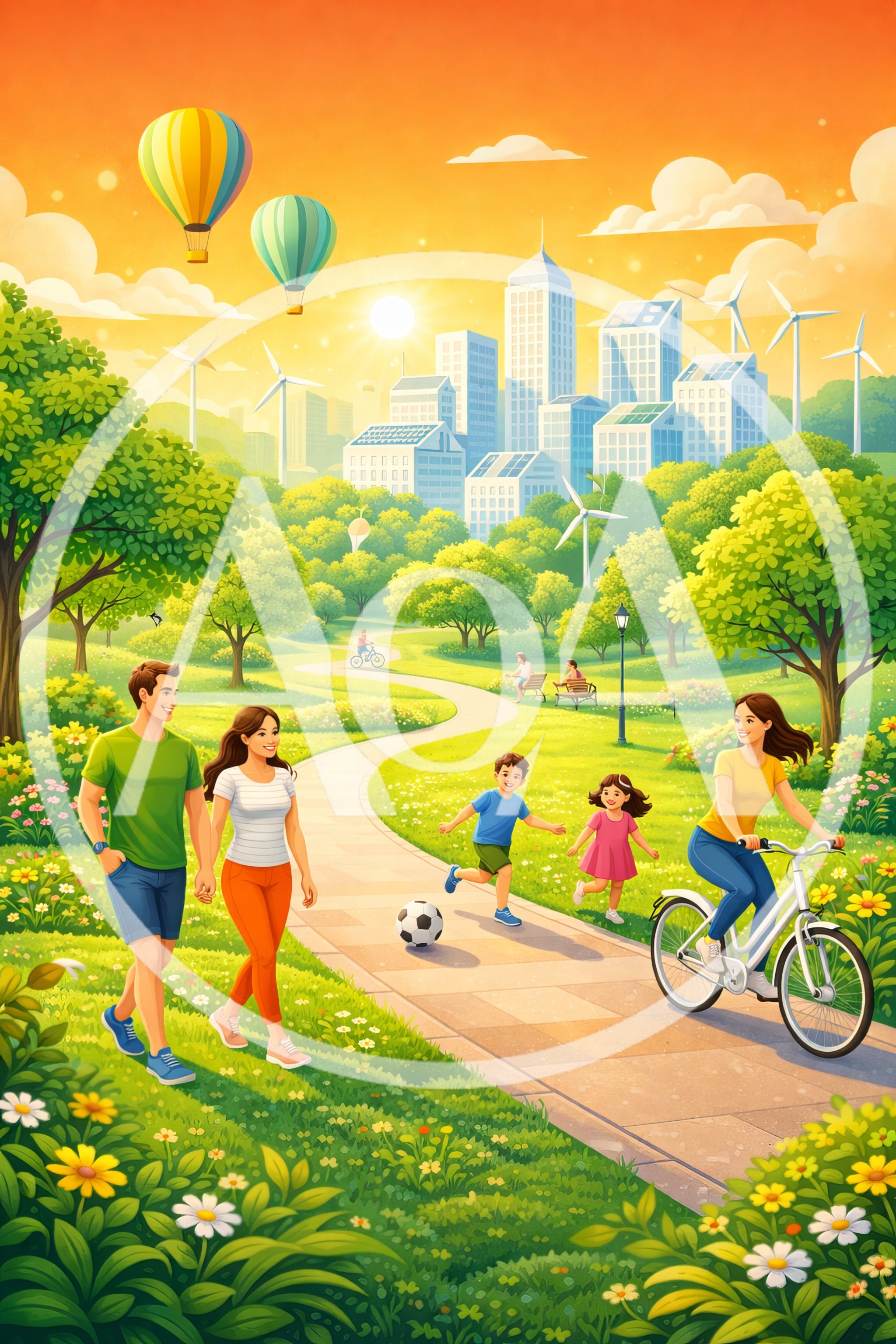 Happy Family Enjoying A Sunny Day In A Sustainable City Park