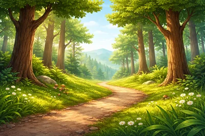 Sunlit Forest Path Through Lush Green Woodland
