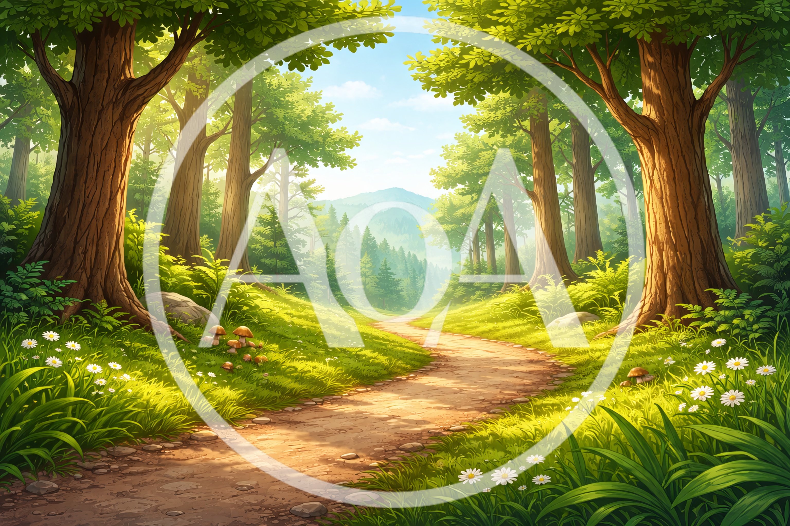 Sunlit Forest Path Through Lush Green Woodland