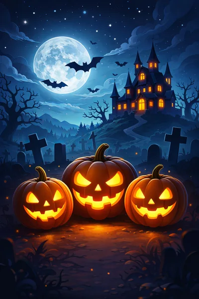 Spooky Halloween Scene With Jack O Lanterns And Haunted Mansion