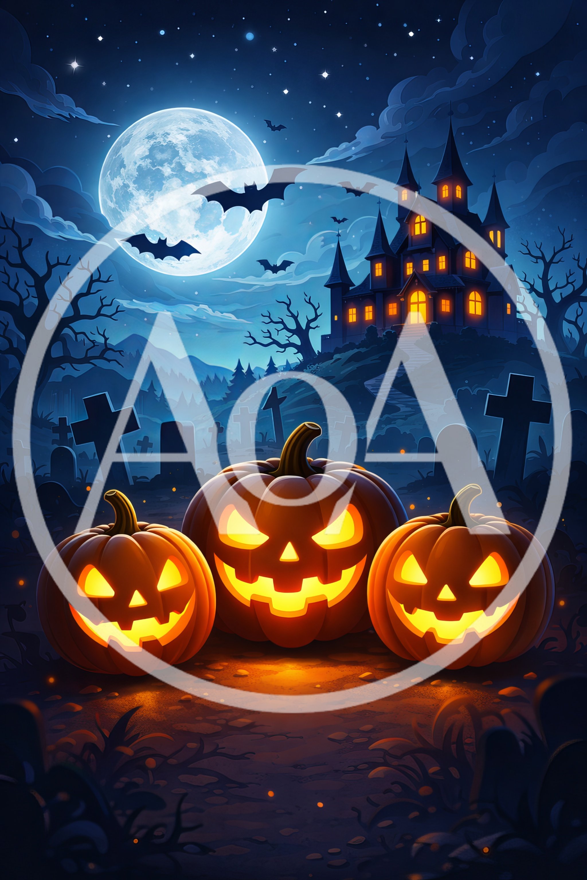 Spooky Halloween Scene With Jack O Lanterns And Haunted Mansion