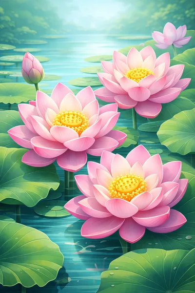 Pink Lotus Flowers Blooming In A Serene Pond