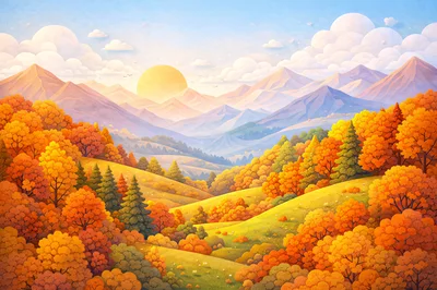 Autumn Landscape With Rolling Hills And Distant Mountains
