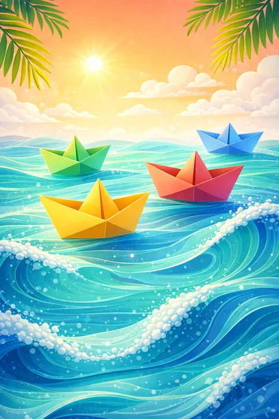 Colorful Paper Boats Floating on Tropical Ocean Waves