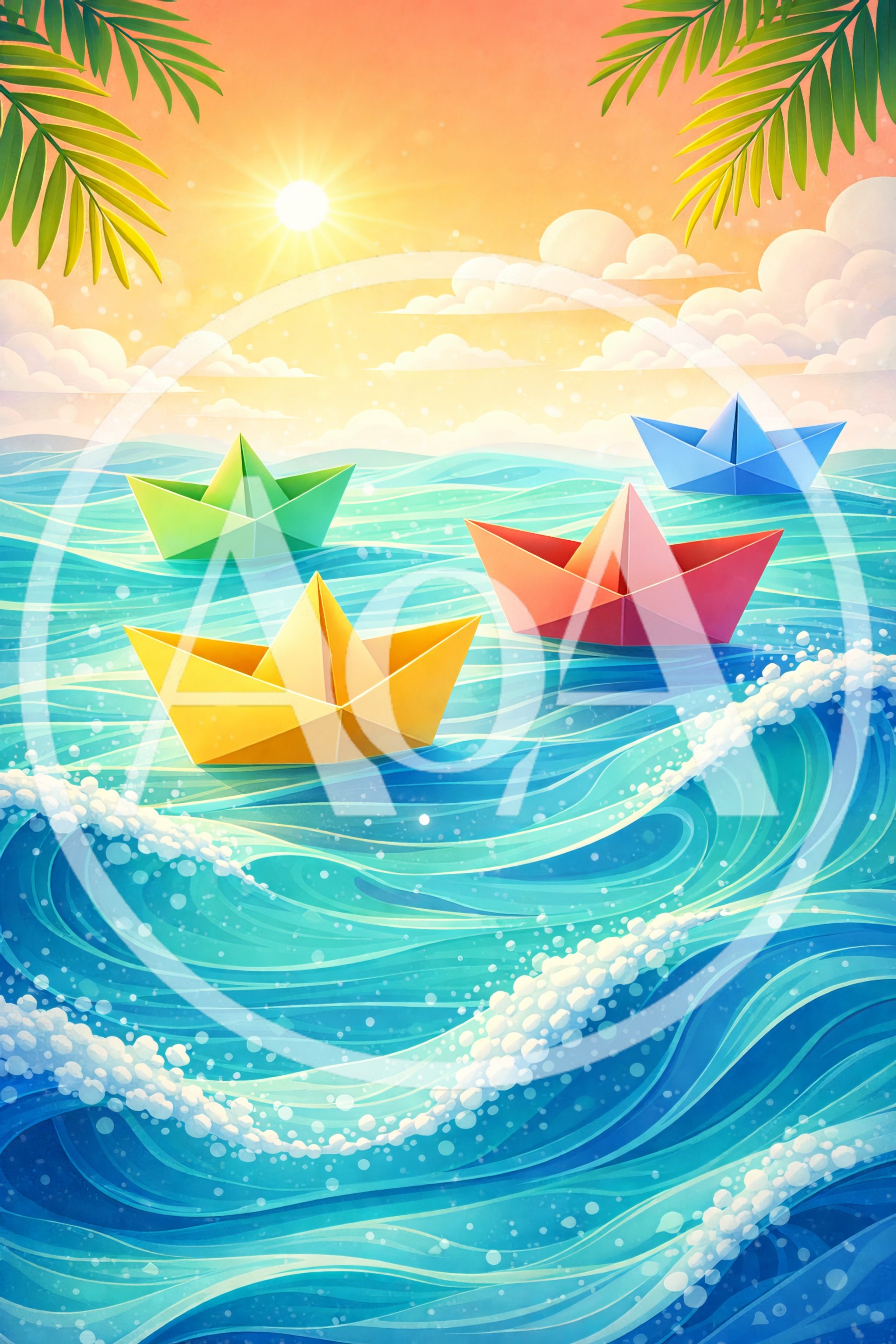 Colorful Paper Boats Floating on Tropical Ocean Waves