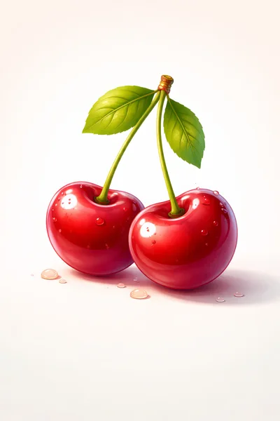 Two Fresh Red Cherries With Green Leaves