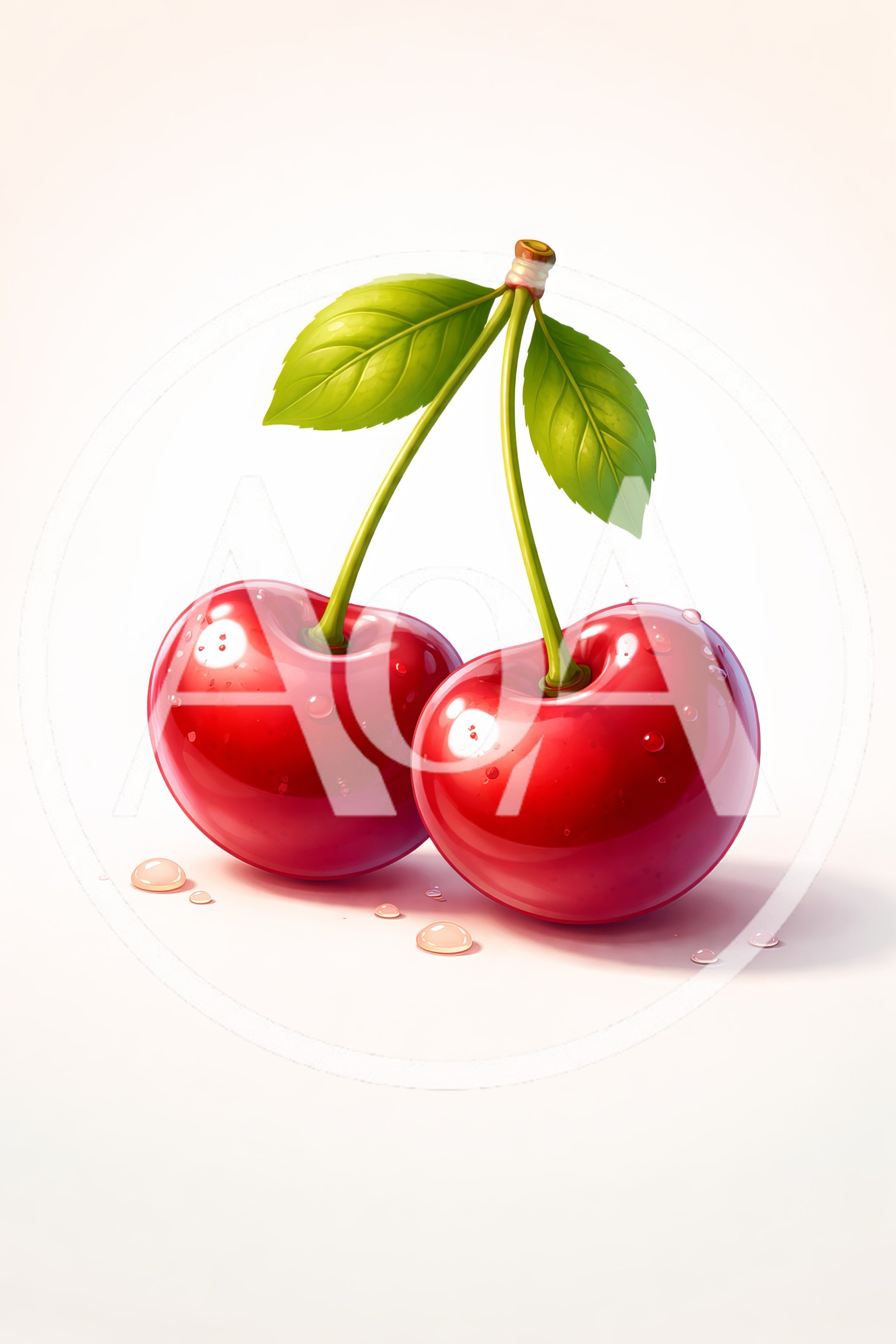Two Fresh Red Cherries With Green Leaves