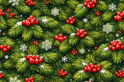 Christmas Pine Branches With Red Berries And Snowflakes