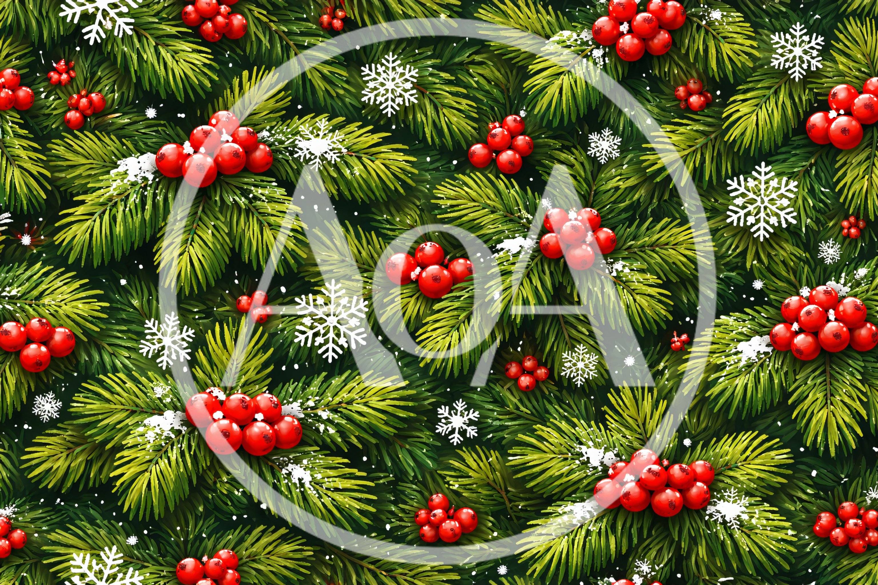 Christmas Pine Branches With Red Berries And Snowflakes