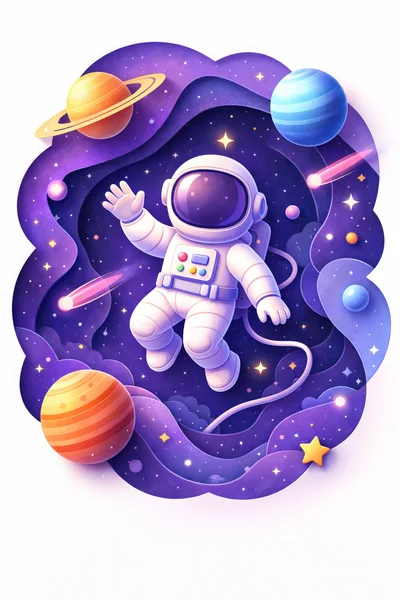 Cute Astronaut Floating In Deep Space Paper Art