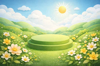 Green Circular Product Display Podium in Sunny Meadow