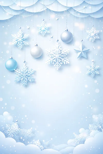 Christmas Hanging Ornaments and Snowflakes Background