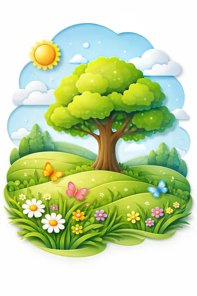 Paper Cutout Style Landscape With Tree And Butterflies