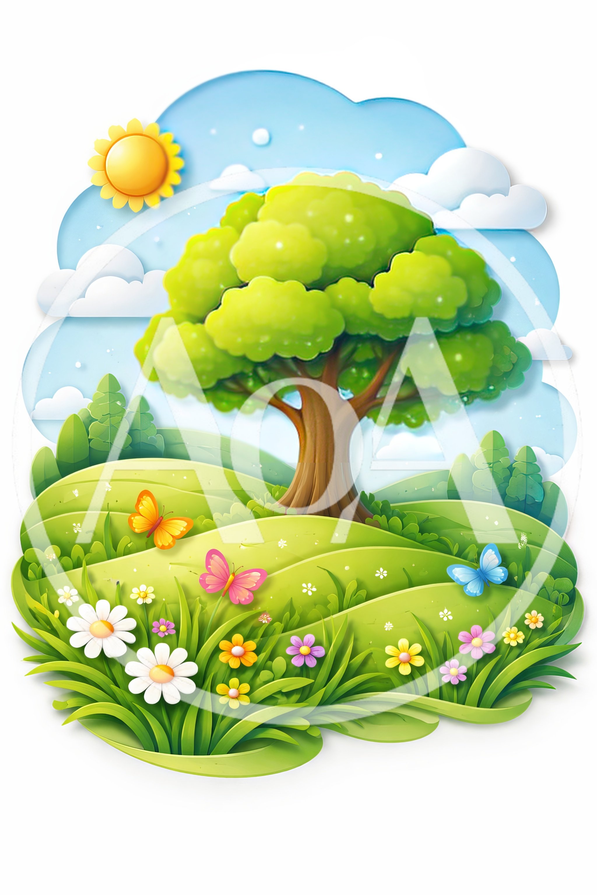 Paper Cutout Style Landscape With Tree And Butterflies