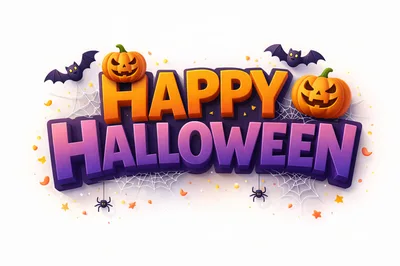 Happy Halloween 3D Text Graphic with Pumpkins and Bats