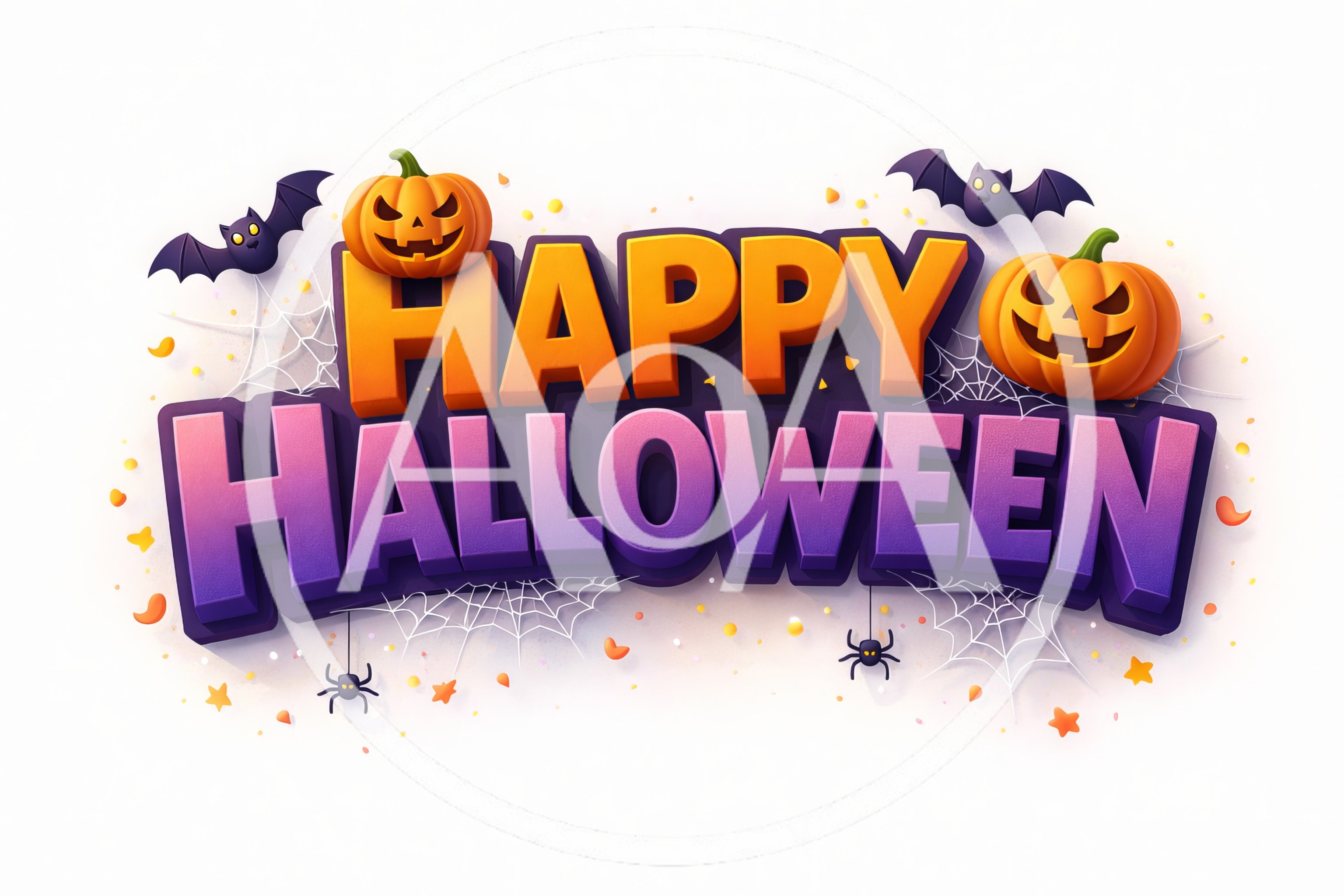 Happy Halloween 3D Text Graphic with Pumpkins and Bats