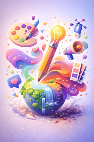 Creative Design Concept With Pencil Lightbulb And Planet
