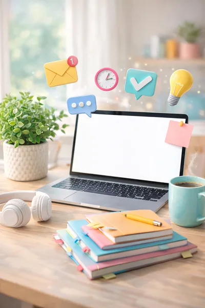 Modern Home Office Desk With Laptop And Floating Icons