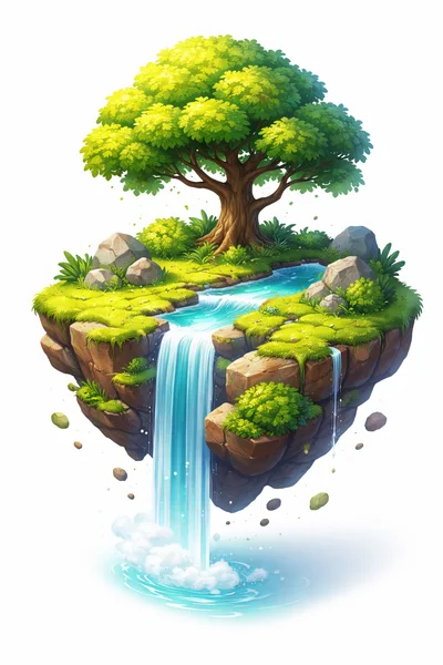 Floating Island With Waterfall And Lush Tree