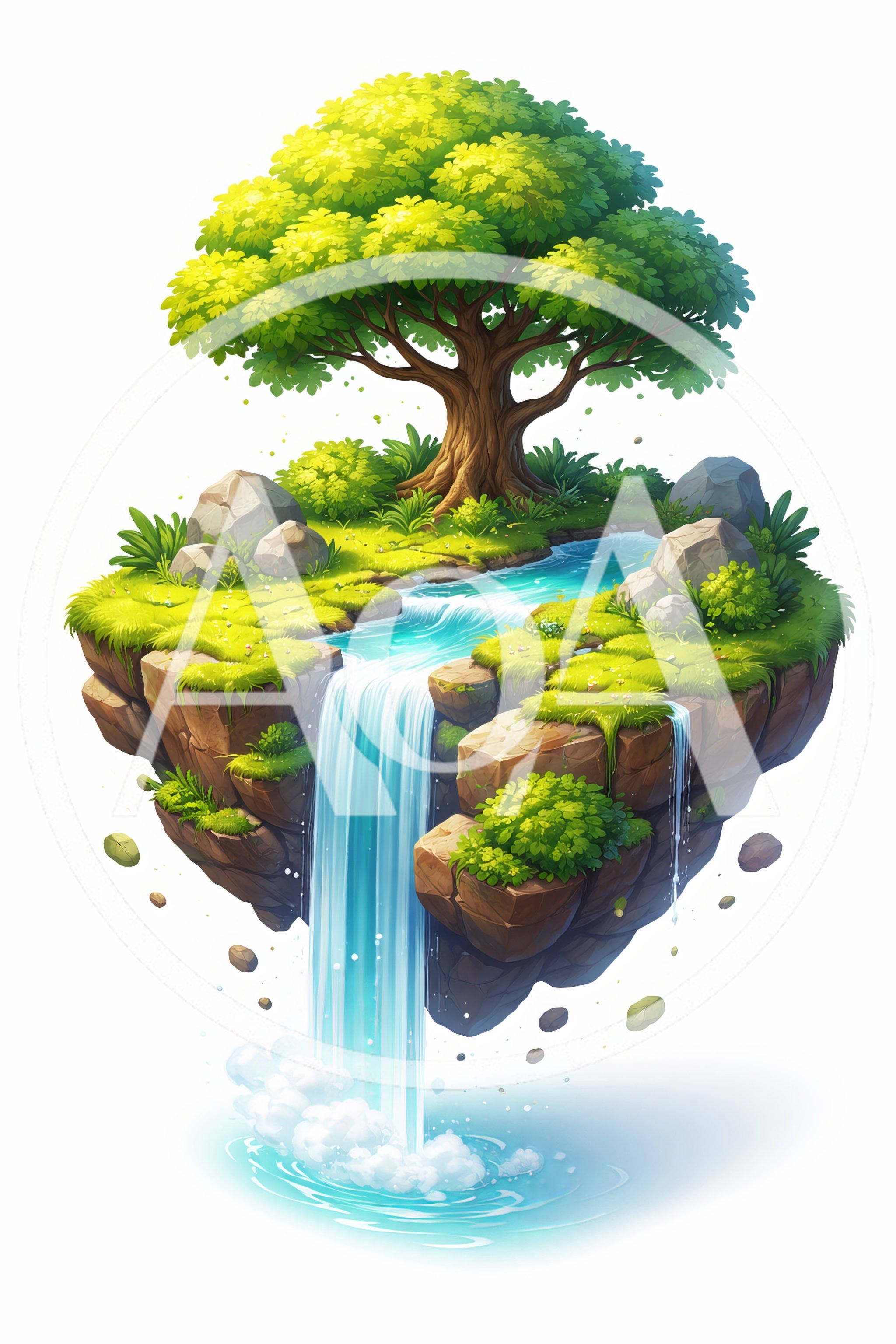 Floating Island With Waterfall And Lush Tree