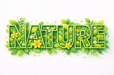 Nature Typography Design With Green Leaves And Flowers
